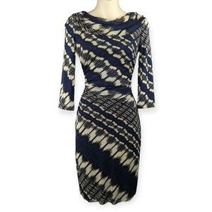 Kay Unger NY Blue Wiggle Dress Abstract Print Nylon Ruched Cowl Neck Sexy XS